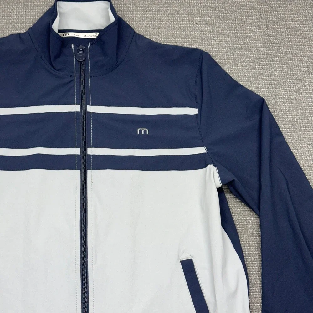 TravisMathew Mens Full Zip Track Jacket Navy Grey Striped Performance Size M‎